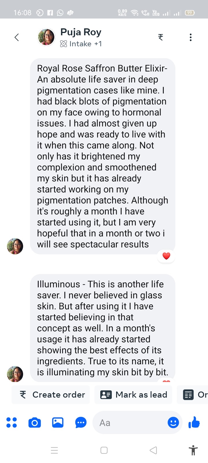 Puja Roy — Facebook review on Royal Rose Saffron Butter Elixir for deep pigmentation and Illuminous for glass skin