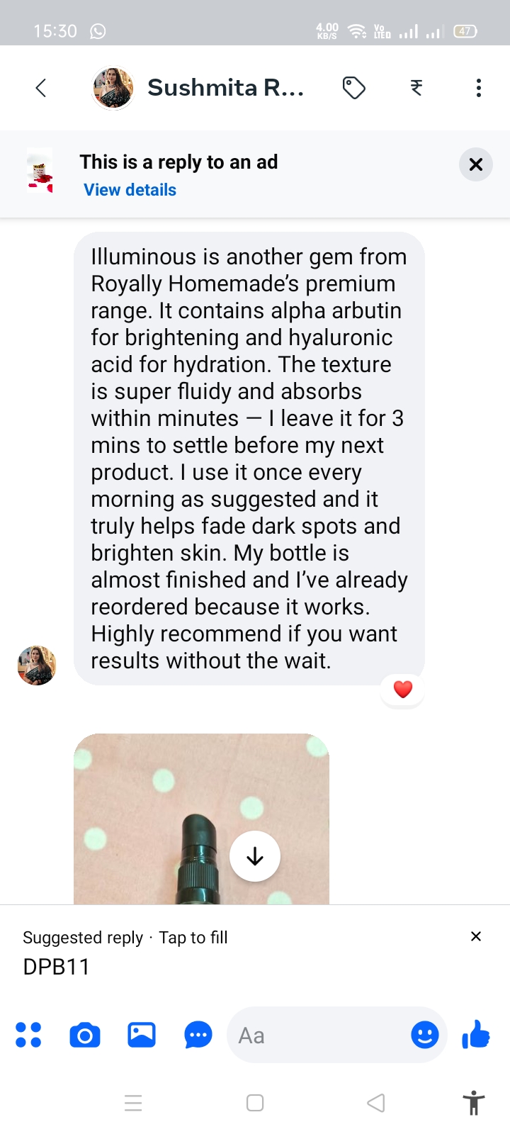 Sushmita R. — Illuminous alpha arbutin & hyaluronic acid brightening review