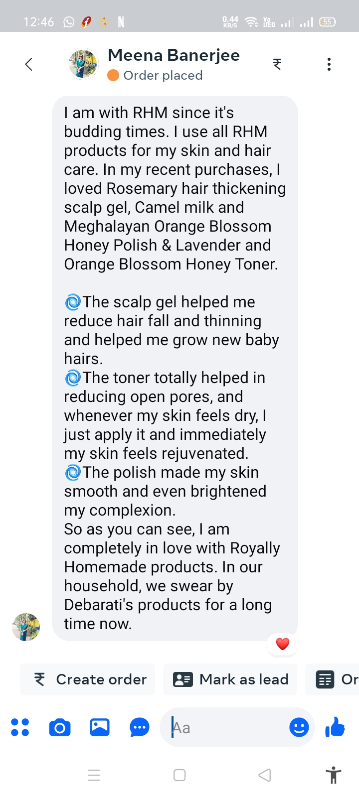 Meena Banerjee — long-time RHM customer review on scalp gel, Camel milk polish, Meghalayan Orange Blossom Honey Polish & Lavender Orange Blossom Honey Toner