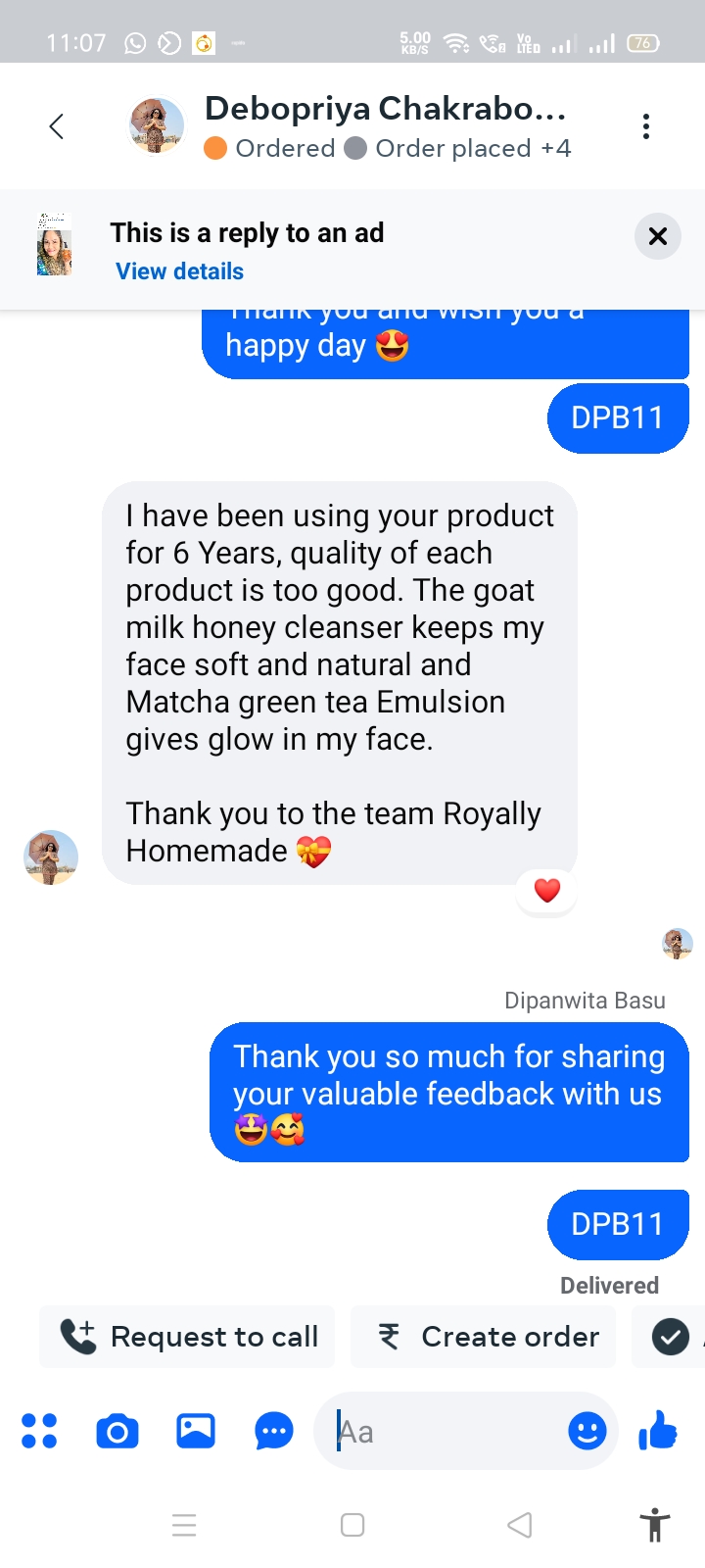 Debopriya Chakraborty — 6 years with Royally Homemade, loving Goat Milk Honey Cleanser & Matcha Green Tea Emulsion